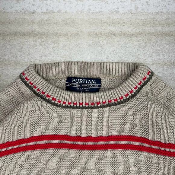 Vintage Puritan Sweater Tan 100% Cotton Red Green Made in USA 90s - Picture 3 of 3